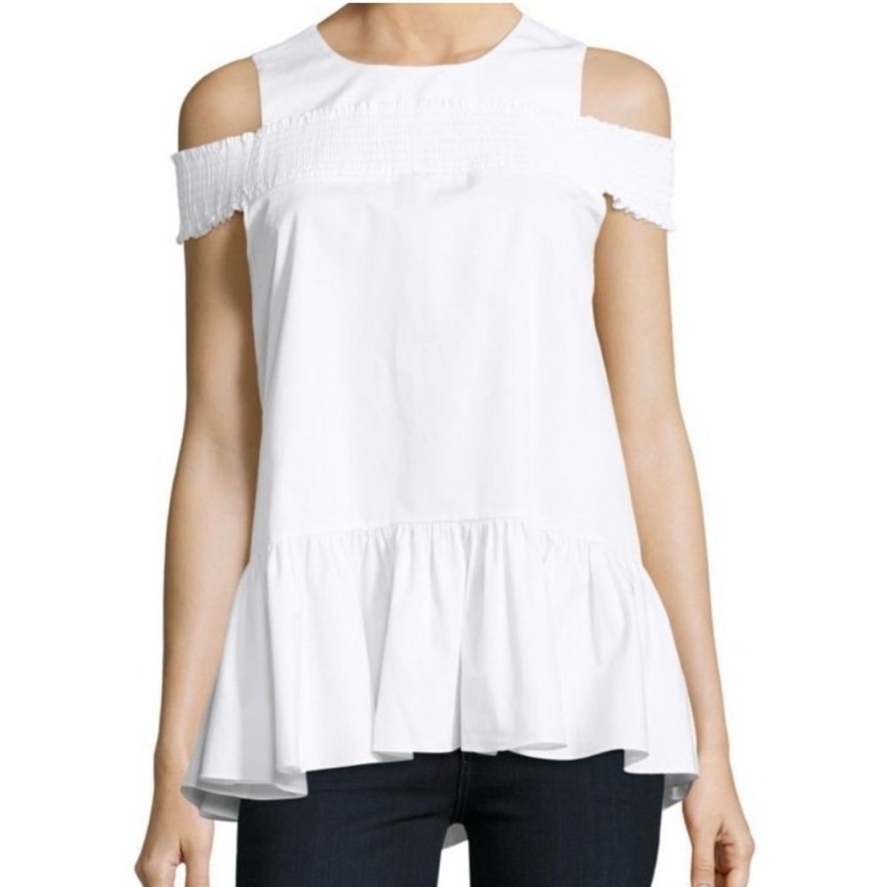 Tibi Satin Poplin Smocked Off Shoulder Peplum Top